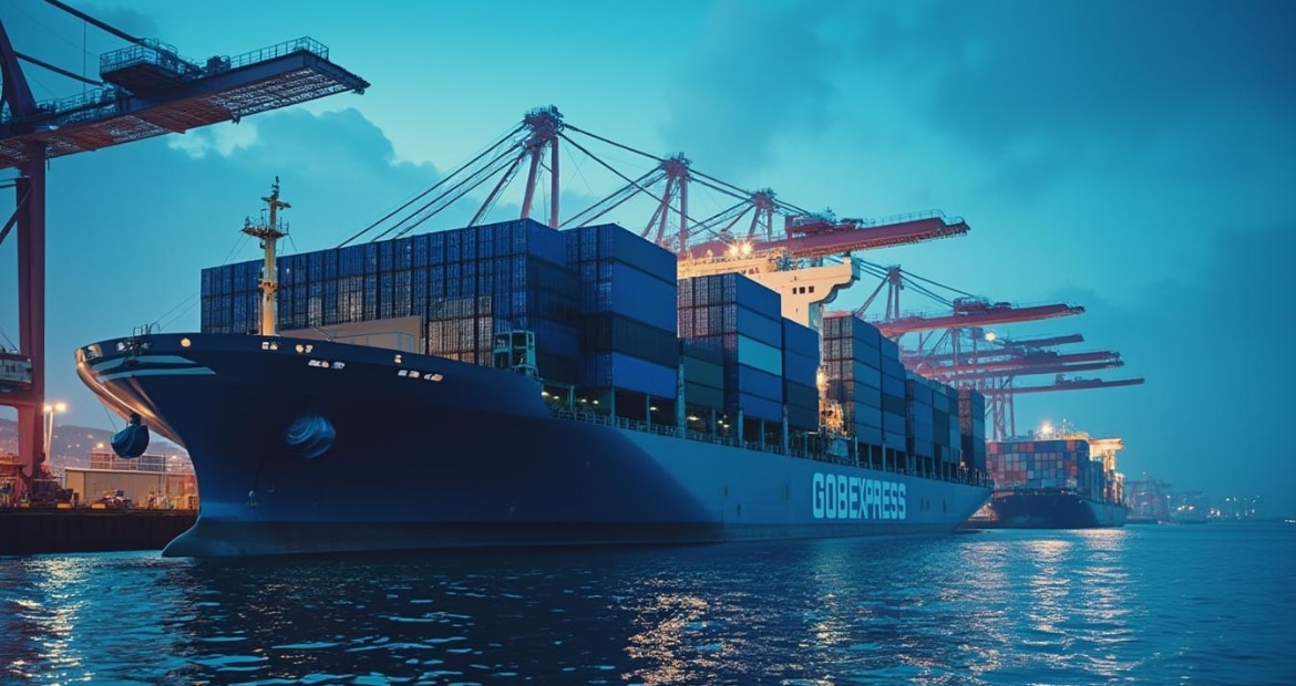 Cargo containers with blue accents being loaded onto a large ship at a busy port, illustrating GOBEXPRESS's cargo and container shipping services.