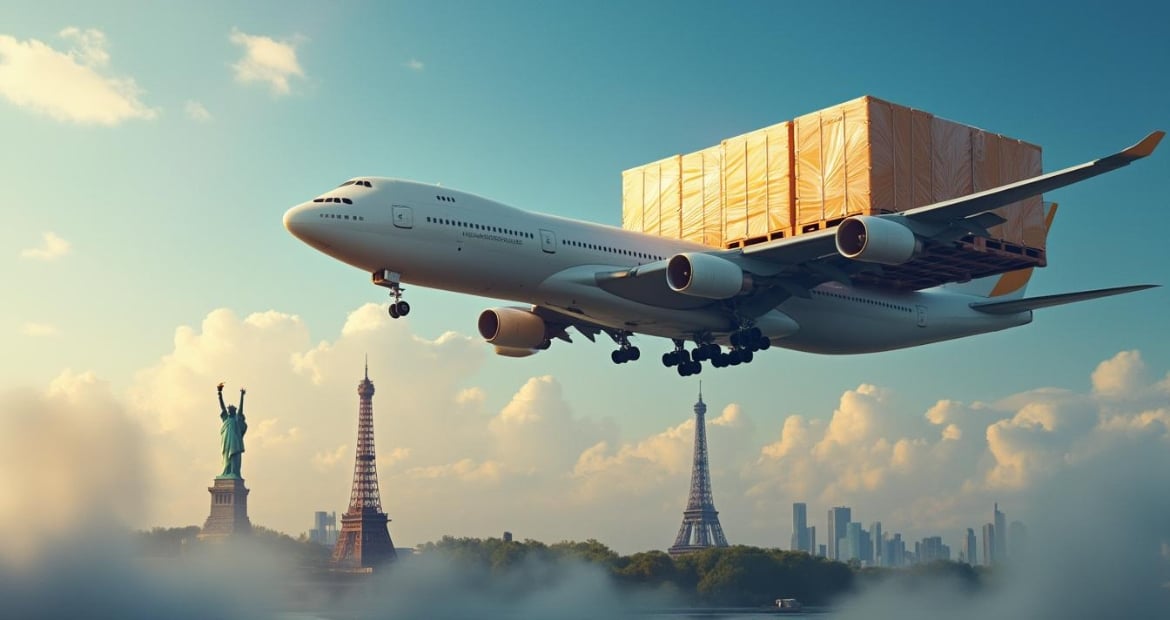 A modern cargo plane with a blue tail in flight, representing GOBEXPRESS's global shipping services.