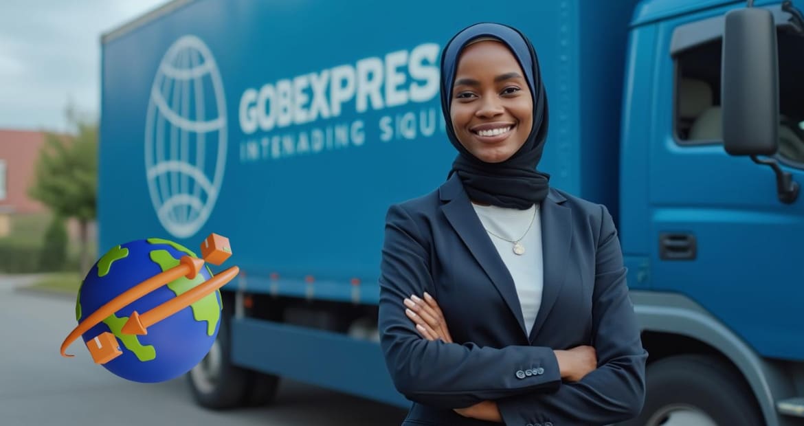 "GOBEXPRESS employee with international shipping truck and global connectivity symbol