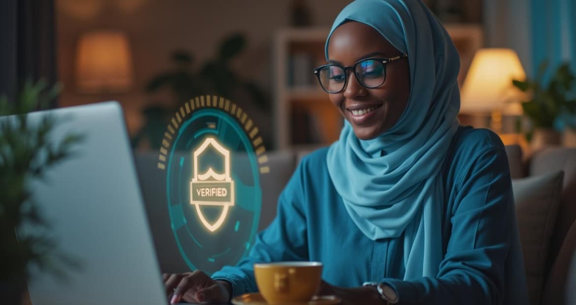 A man with a blue head scarf and glasses sitting at a table with a laptop.