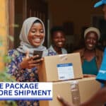 A group of people in a room discussing a package declaration, with text visible regarding value before shipment. There are men and women present, smiling and engaged in conversation, surrounded by boxes and indoor furnishings.