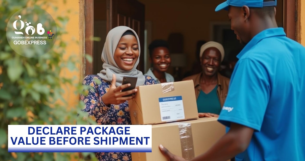 A group of people in a room discussing a package declaration, with text visible regarding value before shipment. There are men and women present, smiling and engaged in conversation, surrounded by boxes and indoor furnishings.