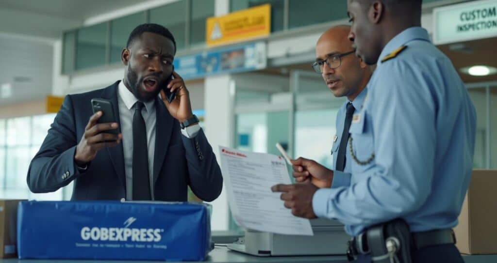 A man in a suit talking on the phone while standing next to another man holding a piece of paper indoors.