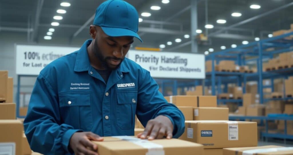 A man wearing a blue jacket stands indoors next to a box and a container, possibly related to shipping or delivery.